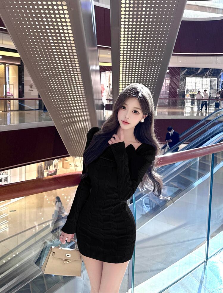 【dress】リボン付きスクエアネックニットワンピース Q7461