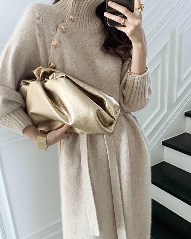 【dress】 韓国系好感度UP!気質満点秋冬レトロハイネックセーターニットワンピース G2023