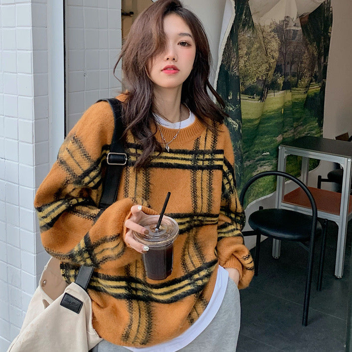 【tops】ラウンドネック長袖ニットセーターF8258