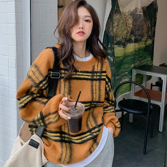 【tops】ラウンドネック長袖ニットセーターF8258