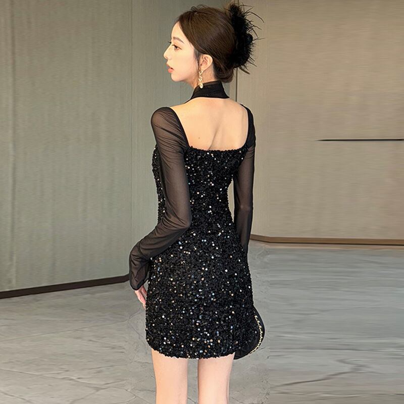 【dress】スパンコールチュールコンビワンピース　M28438