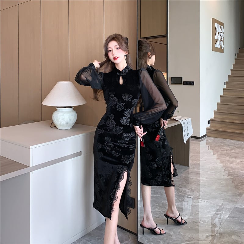 【dress】チュールコンビレーススリットワンピース　M29351