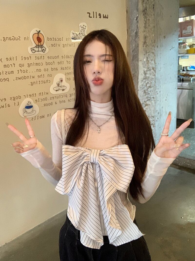 【set】Tシャツ+ストライプ柄リボンベアトップ２点セットG21346