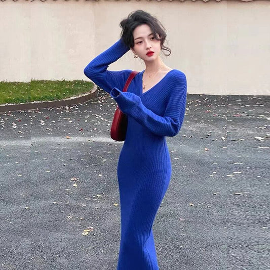 【dress】優しい雰囲気韓国風INS風Vネック長袖ウェスト絞り無地着やせニットワンピースF3383