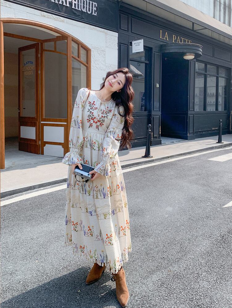 【dress】フリンジ付き花柄ロングワンピース Q8225