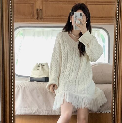 【dress】Vネックフリンジセーターワンピース　M18333