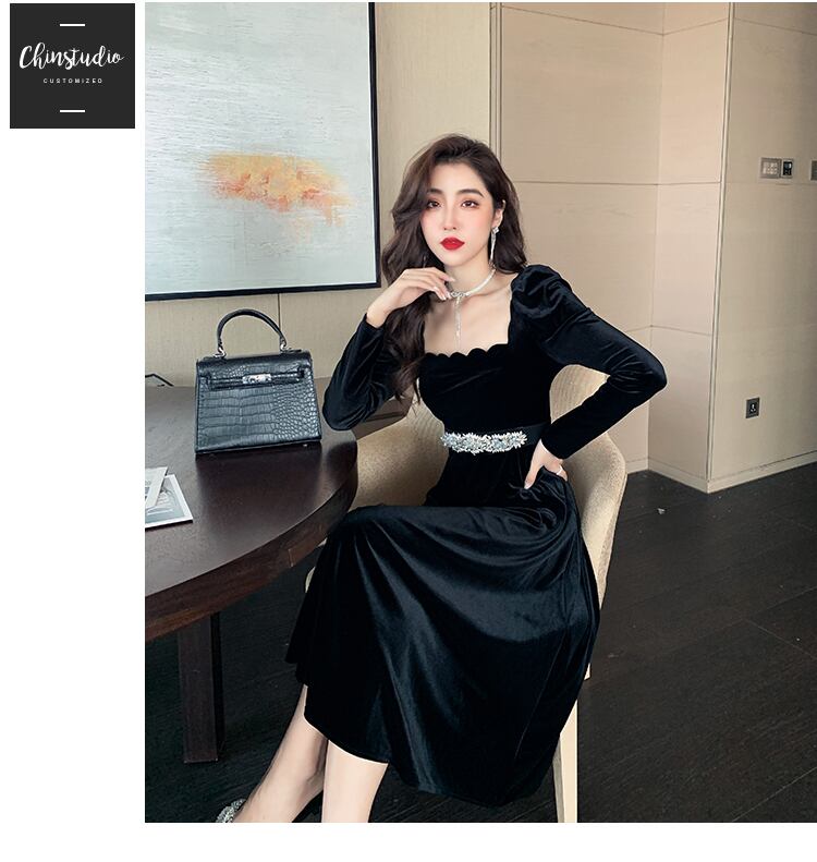 【dress】美人度アップ!気質満点ハイウエスト長袖 スクエアネックワンピース G1418