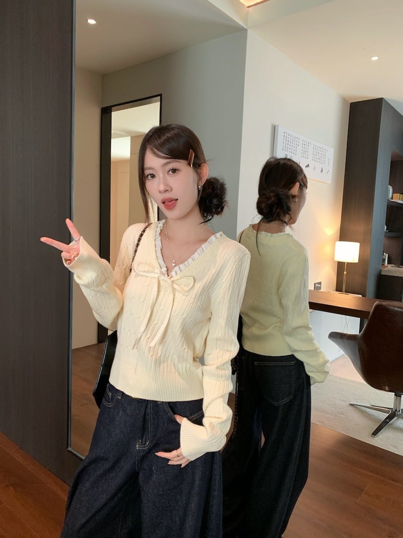 【tops】Vネックリボン付きニットトップス　M27739