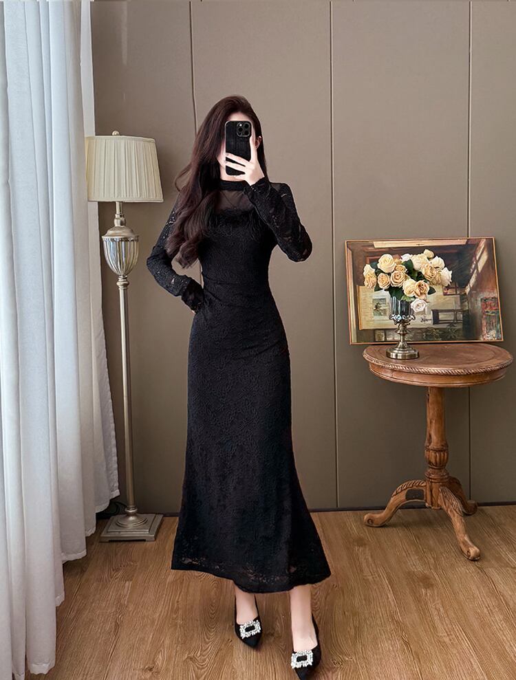 【dress】ファー付きレースワンピース Q7498