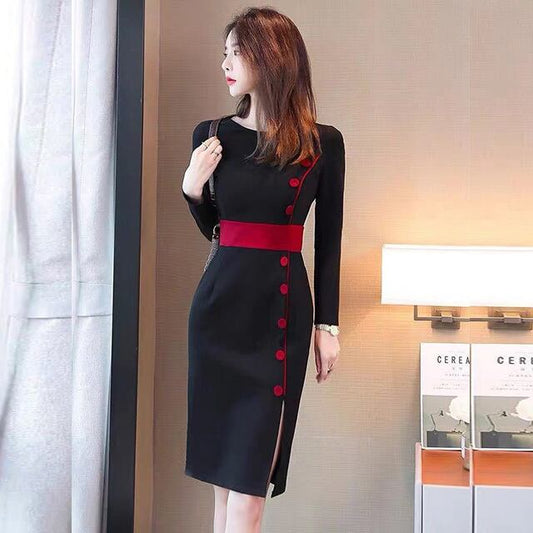 【dress】細身効果抜群♪OL通勤ラウンドネック長袖ウェスト絞り配色韓国ファッションワンピースF4223