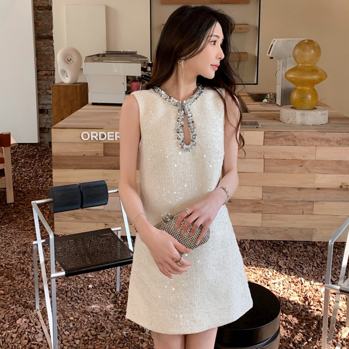【dress】スパンコール付きツイードワンピース　N2554