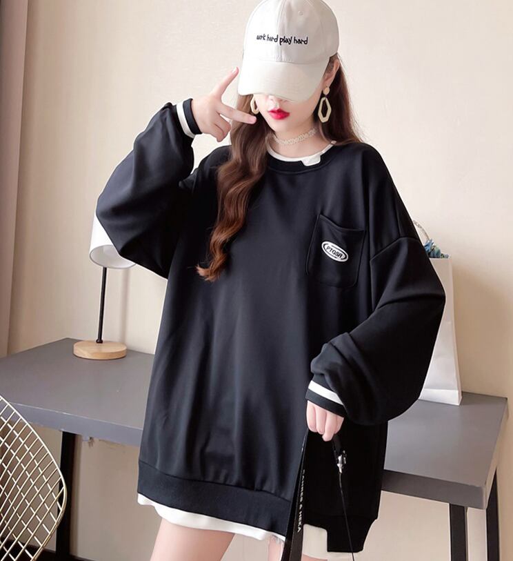 【tops】ラウンドネック長袖偽二つ切り替え英字柄ゆったり着回しパーカーF0676