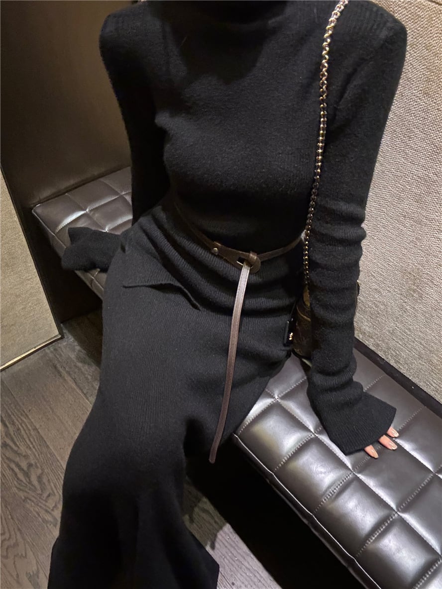 【set】ハイネックニットトップス×スカートセットベルト付き　M27928