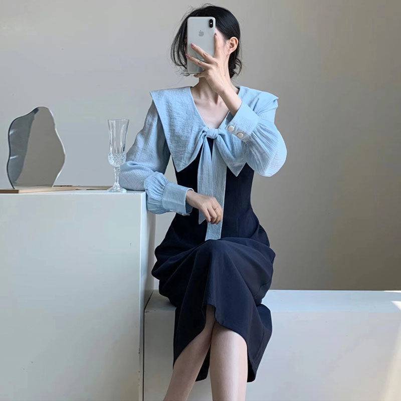 【dress】ネイビーカラー長袖ワンピース G20637
