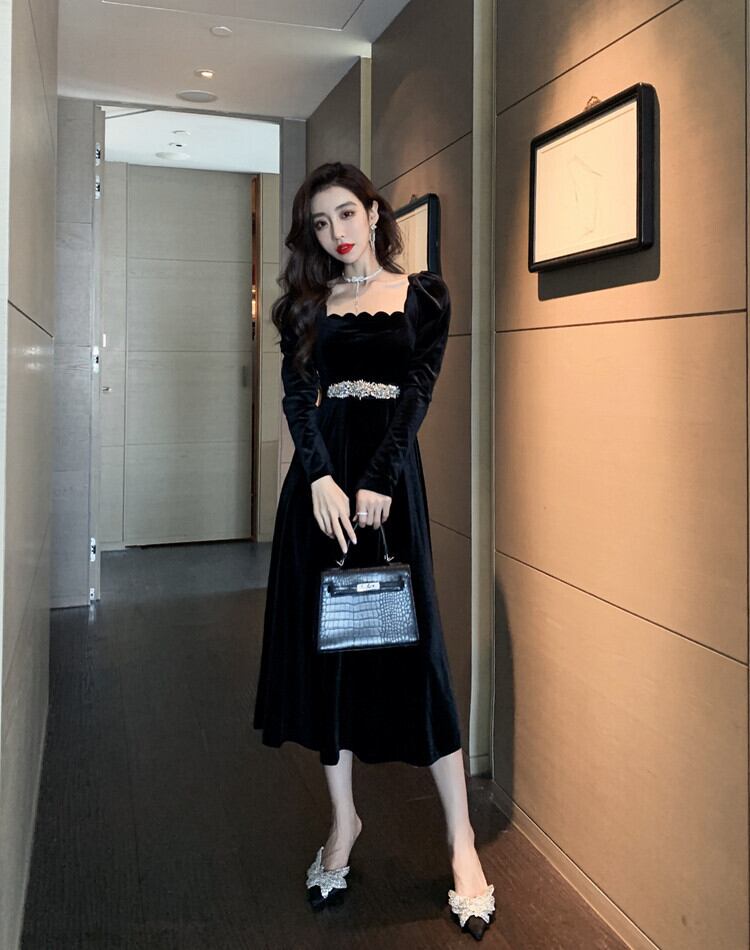 【dress】美人度アップ!気質満点ハイウエスト長袖 スクエアネックワンピース G1418