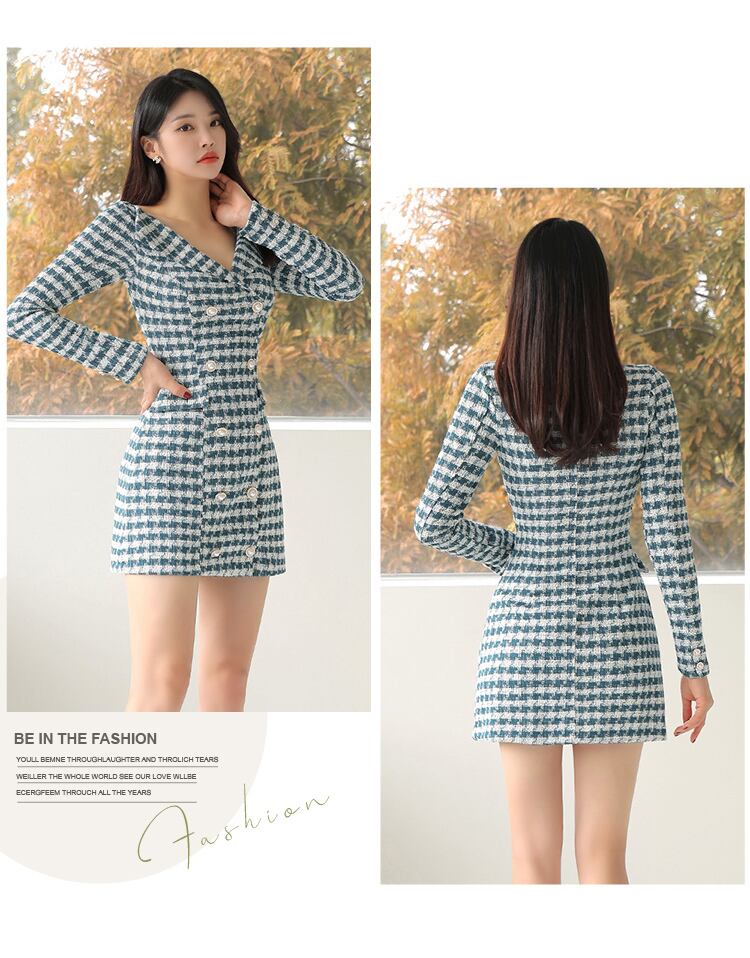 【dress】Vネック長袖ツイードワンピース G19174