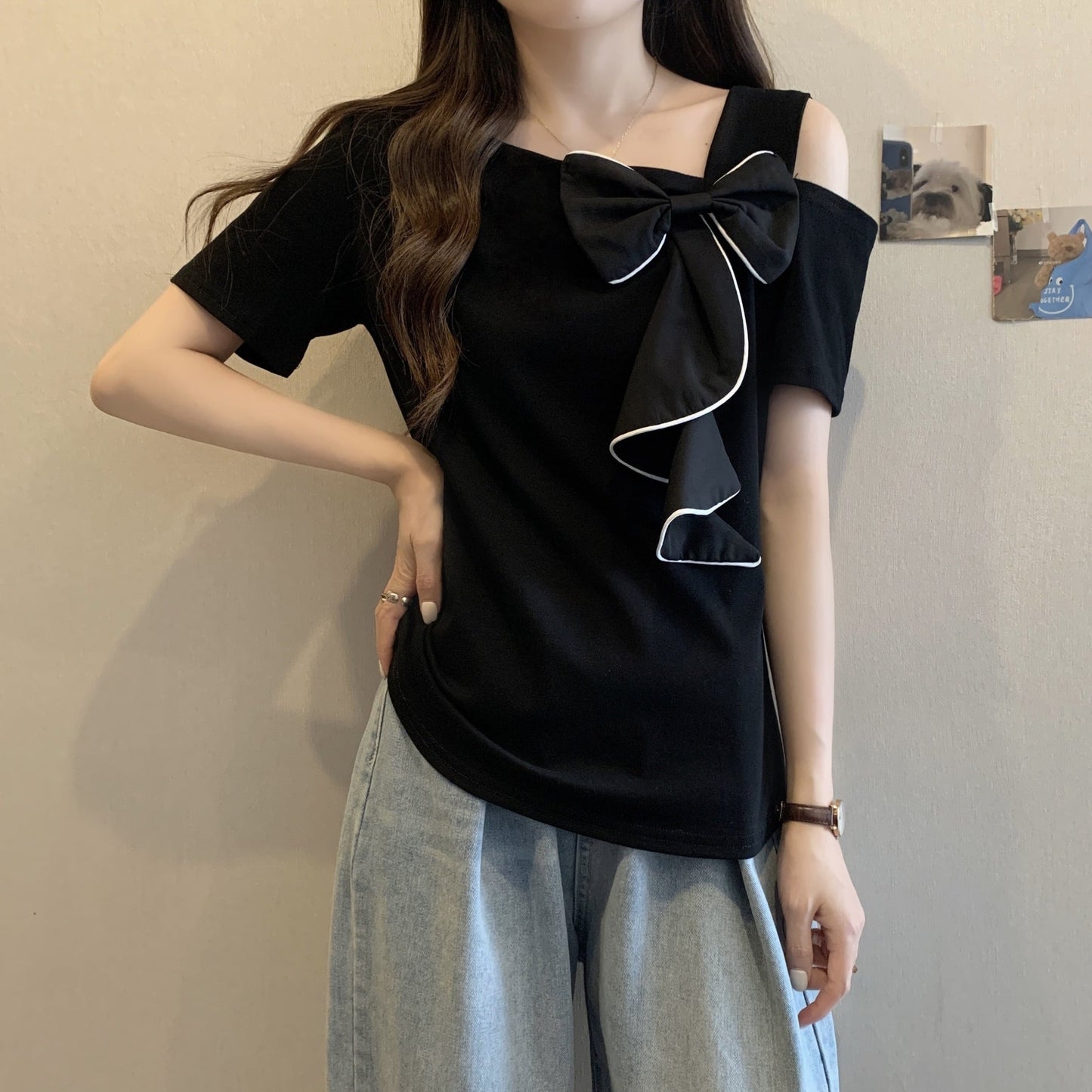 【tops】オフショルダーリボンTシャツG21045