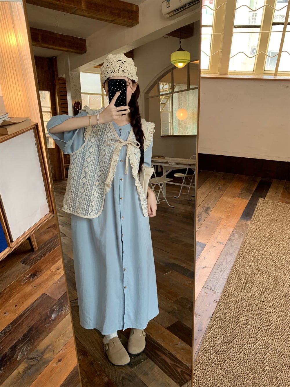 【set】レースカットワークベスト×シャツワンピースセット　M25318