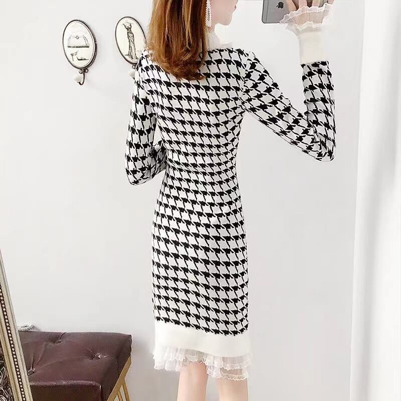 【dress】一目惚れ！レース切り替え体型カバー千鳥格子韓国ファッションタイト着やせワンピースF1388