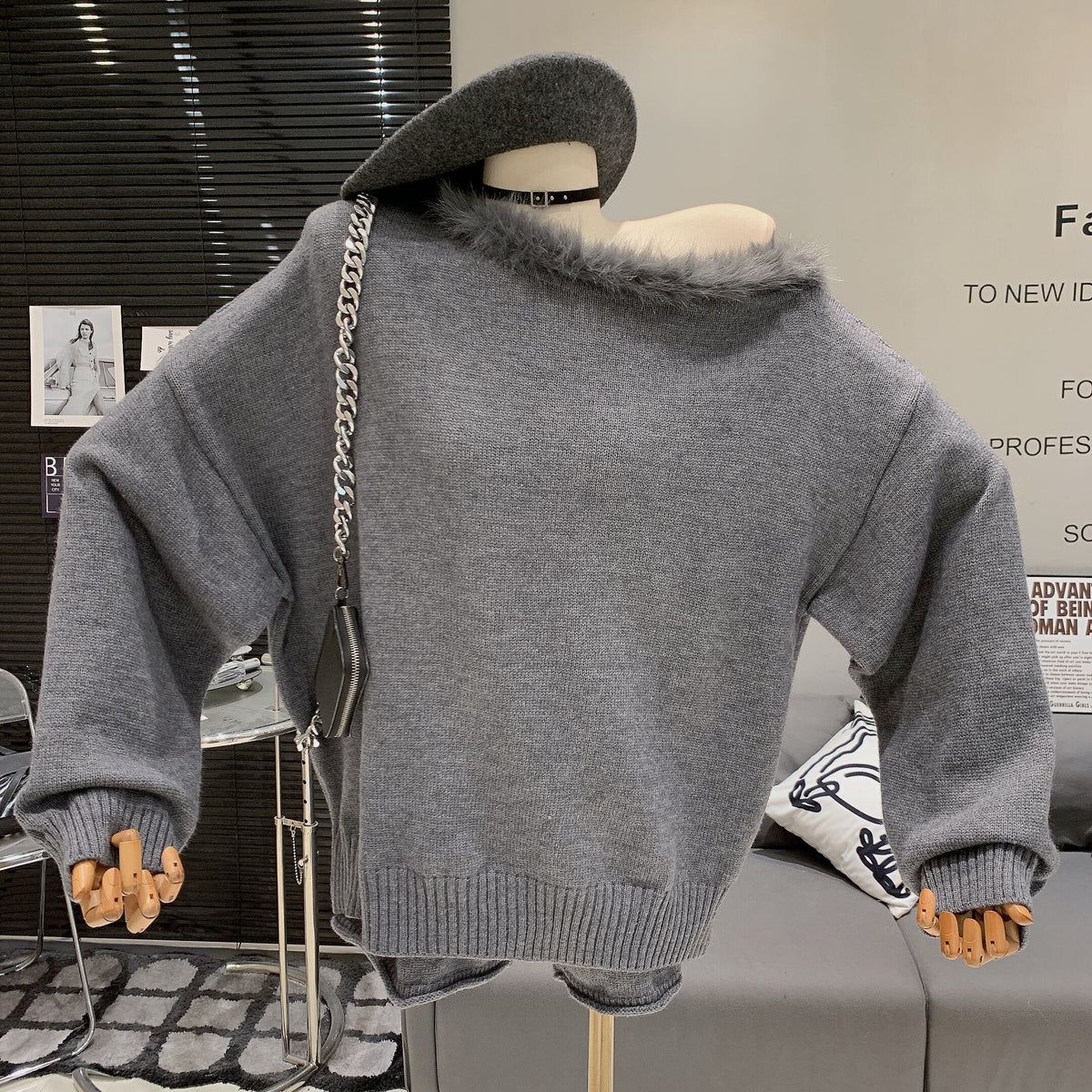 【set】ファーオフショルダーニットセーター×ショートパンツセット　M27914