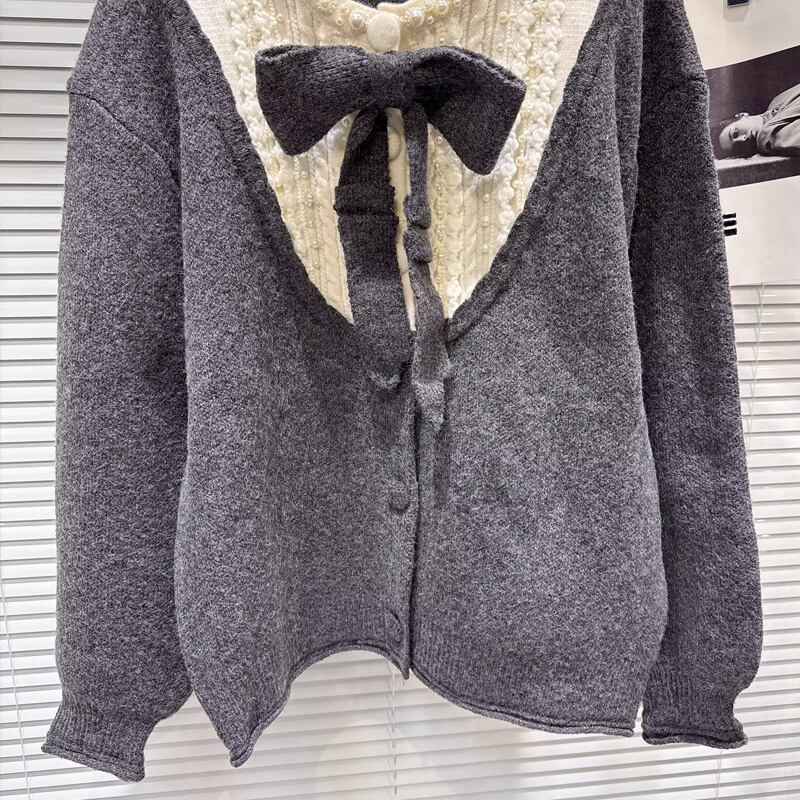 【outer】リボン付きフェイクレイヤードニットカーディガン Q7444