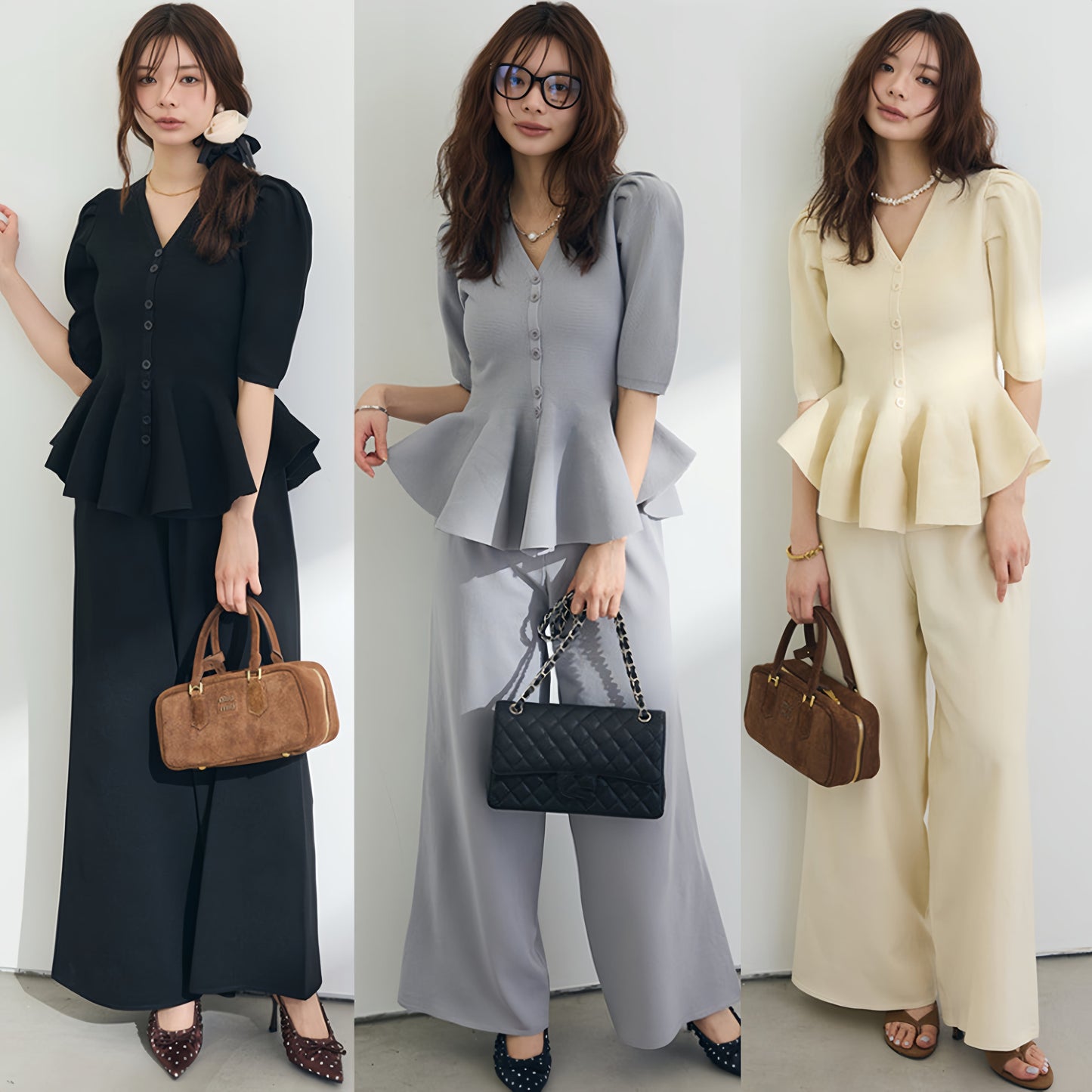 【set】ペプラムニットトップス×ワイドパンツセット     N3558
