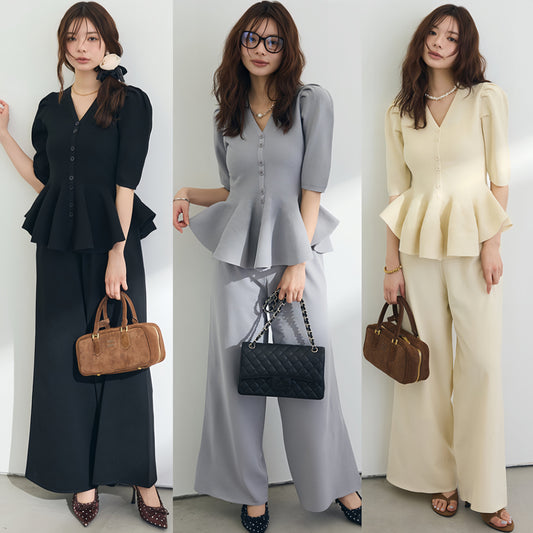 【set】ペプラムニットトップス×ワイドパンツセット     N3558