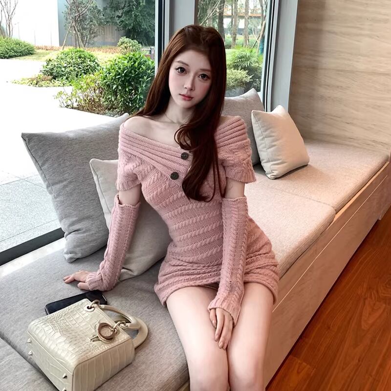 【dress】オフショルダーニットワンピース Q7816
