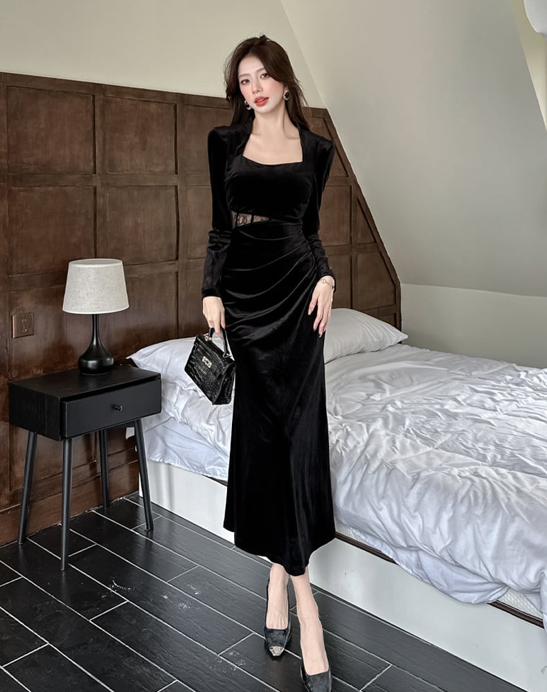 【dress】スクエアネックレースドッキングロングワンピース Q7286