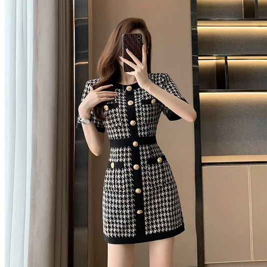 【dress】ラウンドネック千鳥柄ニットワンピースF7323