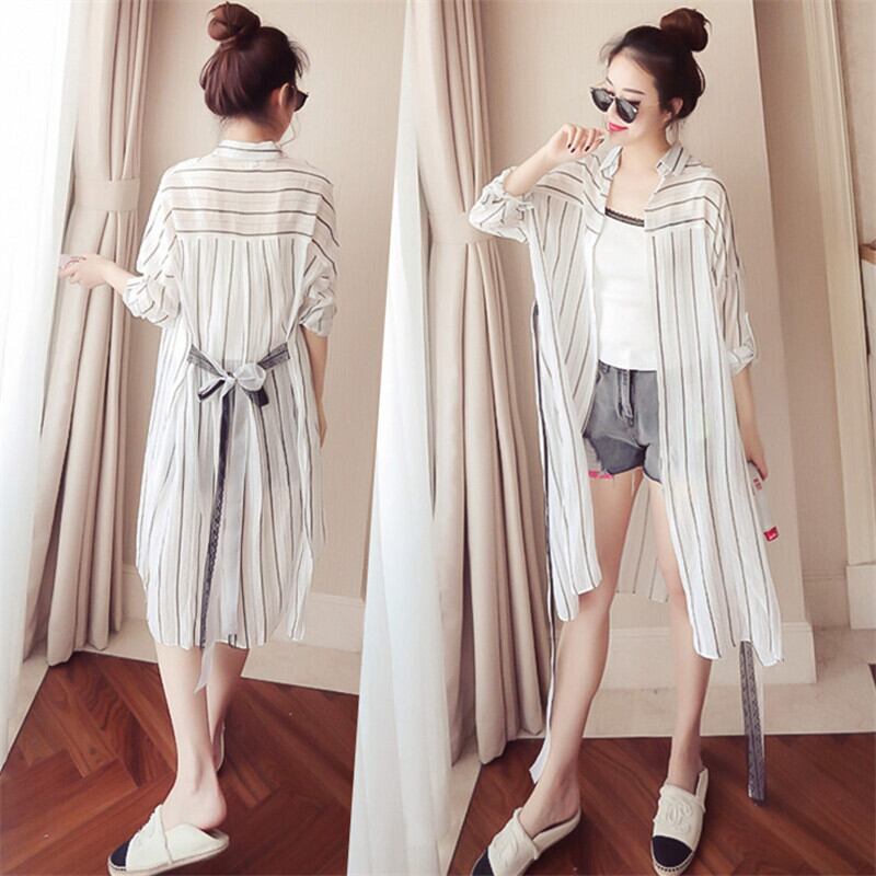 【outer】細身効果抜群♪シンプル長袖UVカット紫外線対策ファッションストライプ柄シャツ