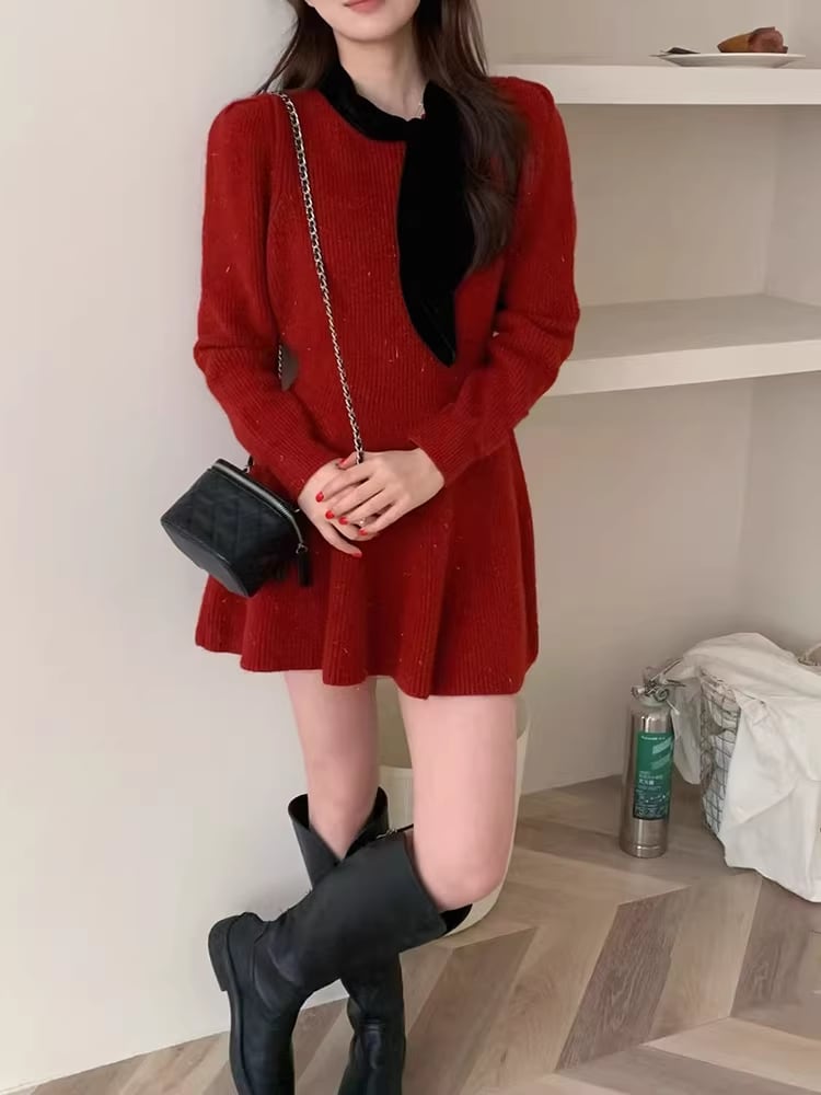 【dress】スカーフカラーニットワンピース Q7482