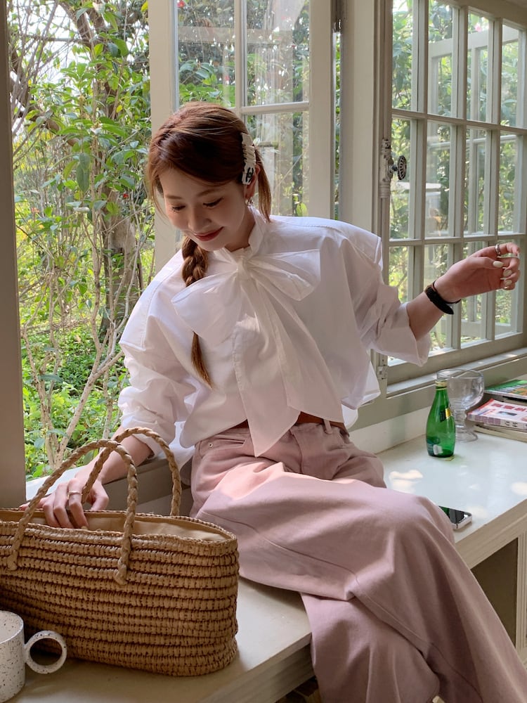 【tops】リボン付きシャツブラウス　M29818