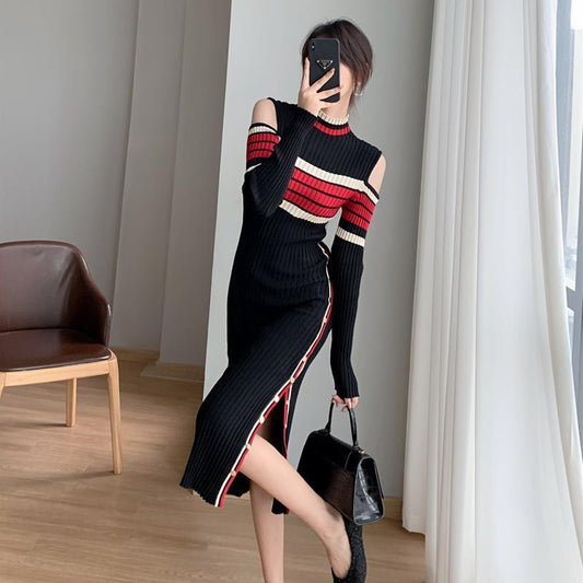 【dress】女性力を高める〜秋新作2色ハーフネック長袖肩開き配色スリット着やせニットワンピースF3242
