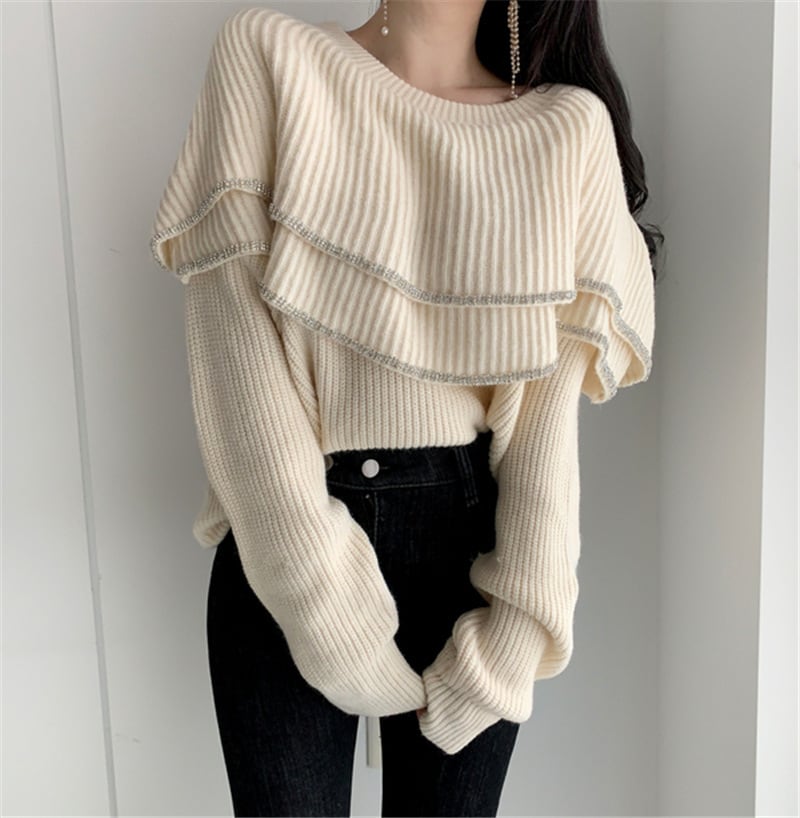 【tops】細身効果抜群♪2タイプラウンドネック長袖フリル配色ファッション着回しニットセーターF0920