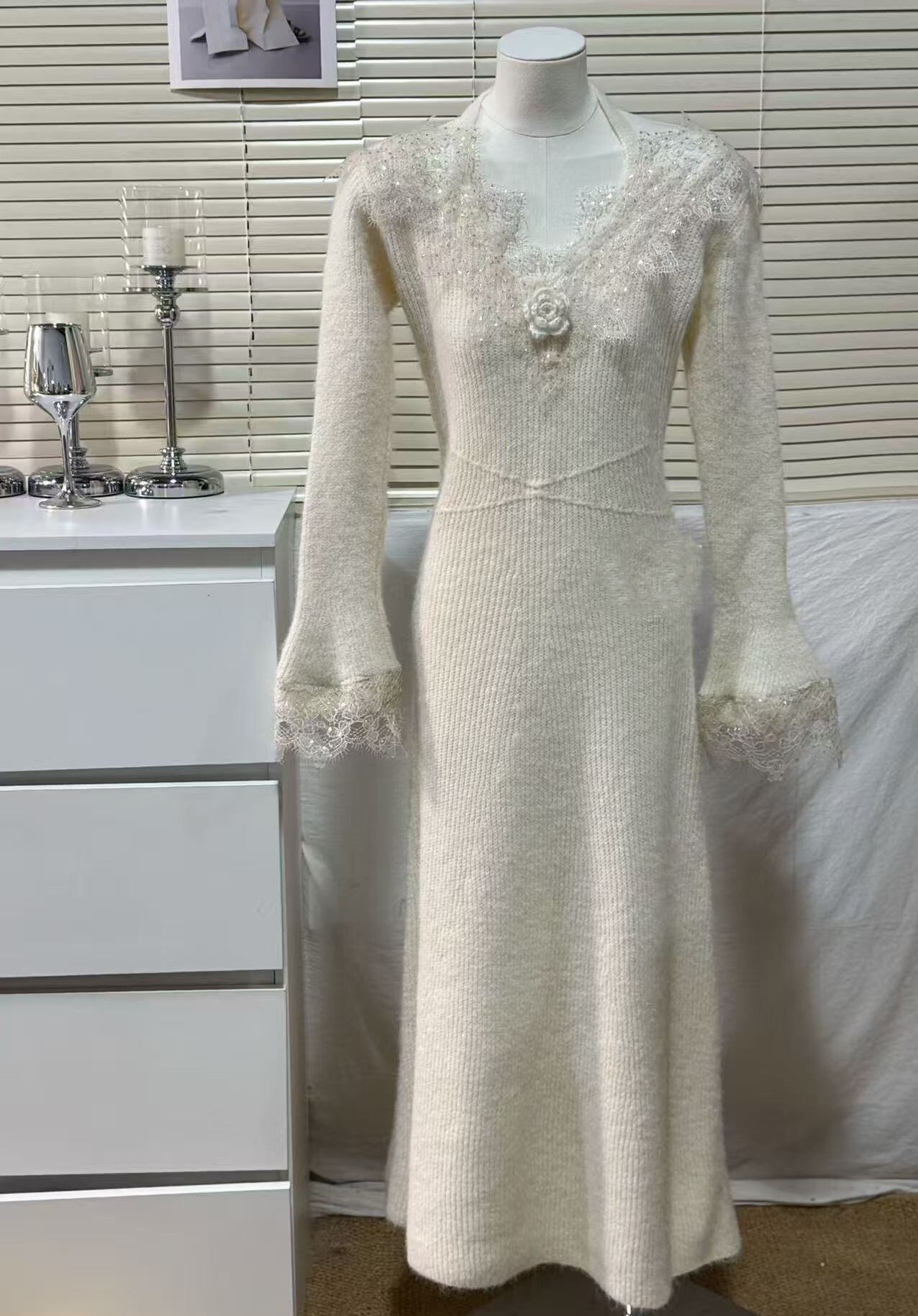 【dress】レースドッキングニットワンピース Q7479