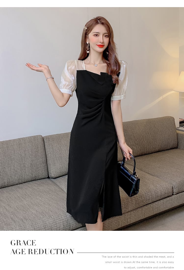 【dress】魅力的 気質満点レトロスウィートスリットパフスリーブスクエアネックワンピース