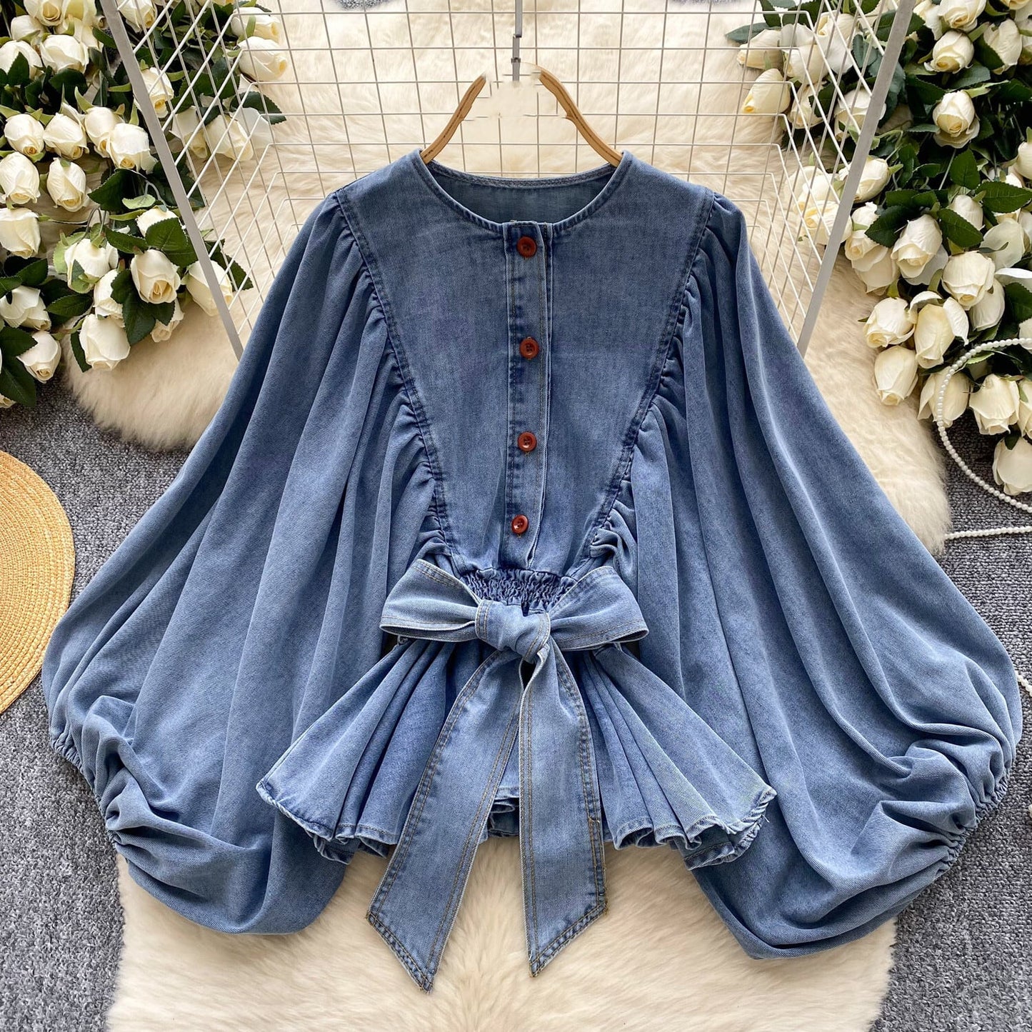 【tops】ランタンスリーブデニムシャツ　M29723