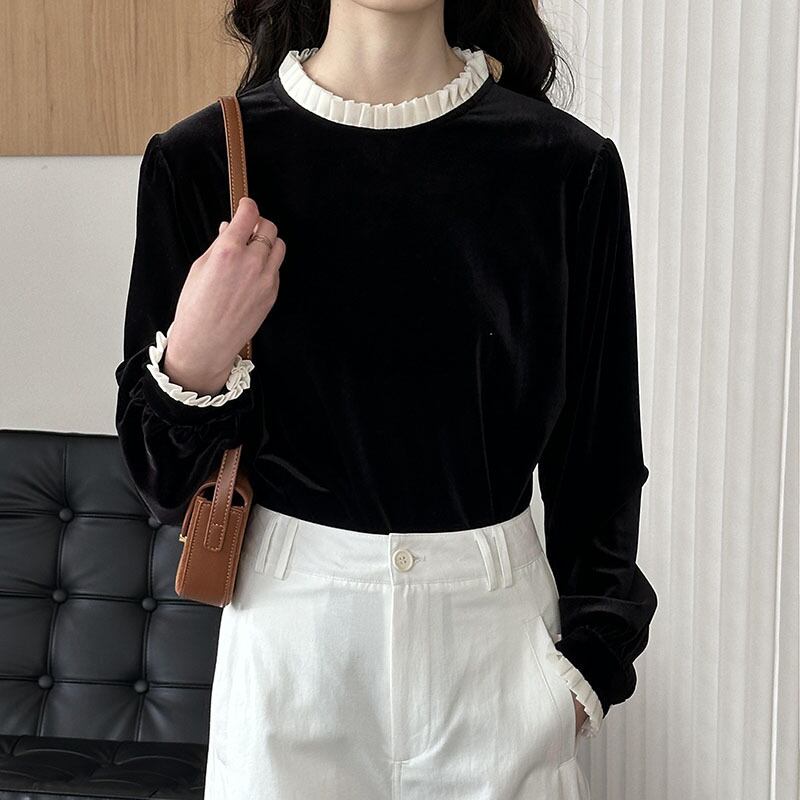 【tops】フェイクレイヤードベルベットトップス Q6964