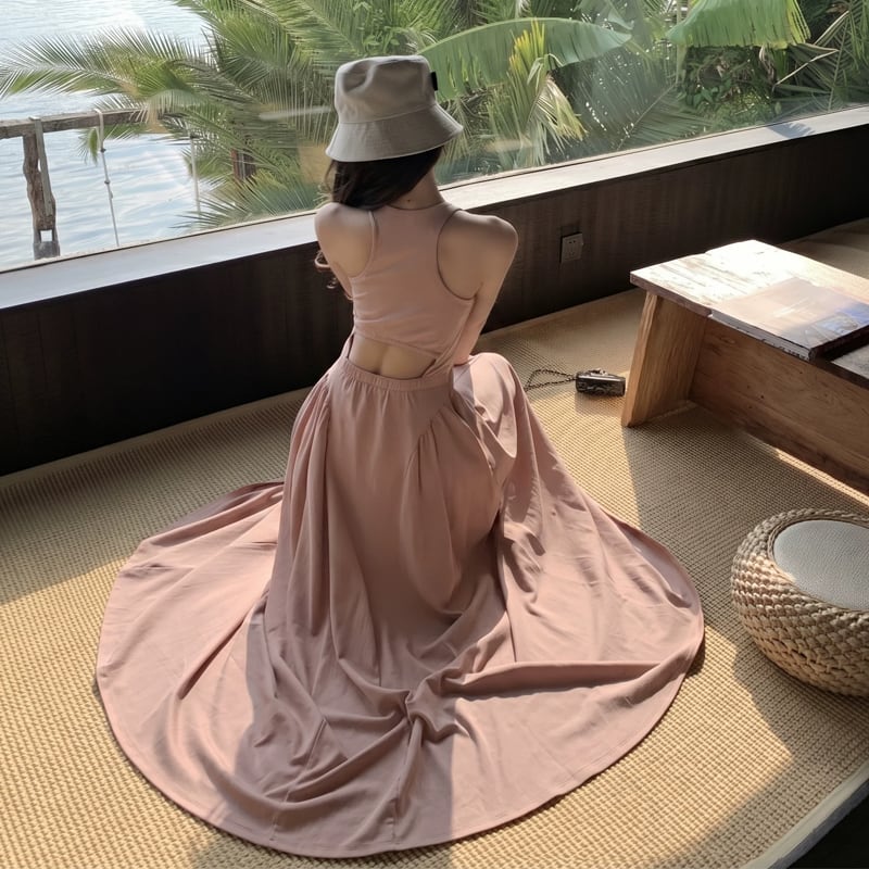 【dress】バックオーポンロングベストワンピース Q8498