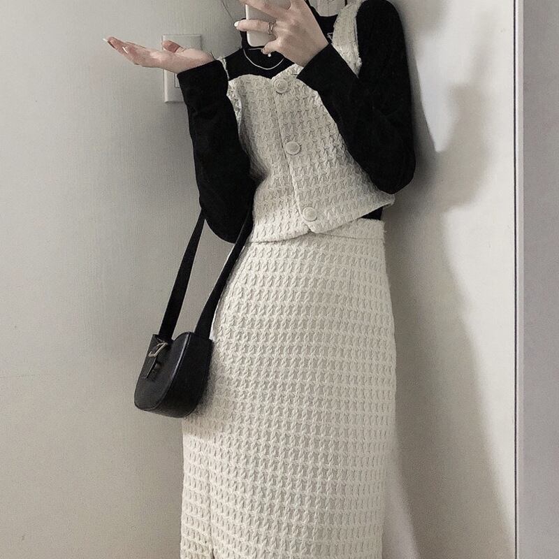 【set】好感度UP!気質満点スウィートトップス+ベスト+スカートオシャレ3点セット G2821