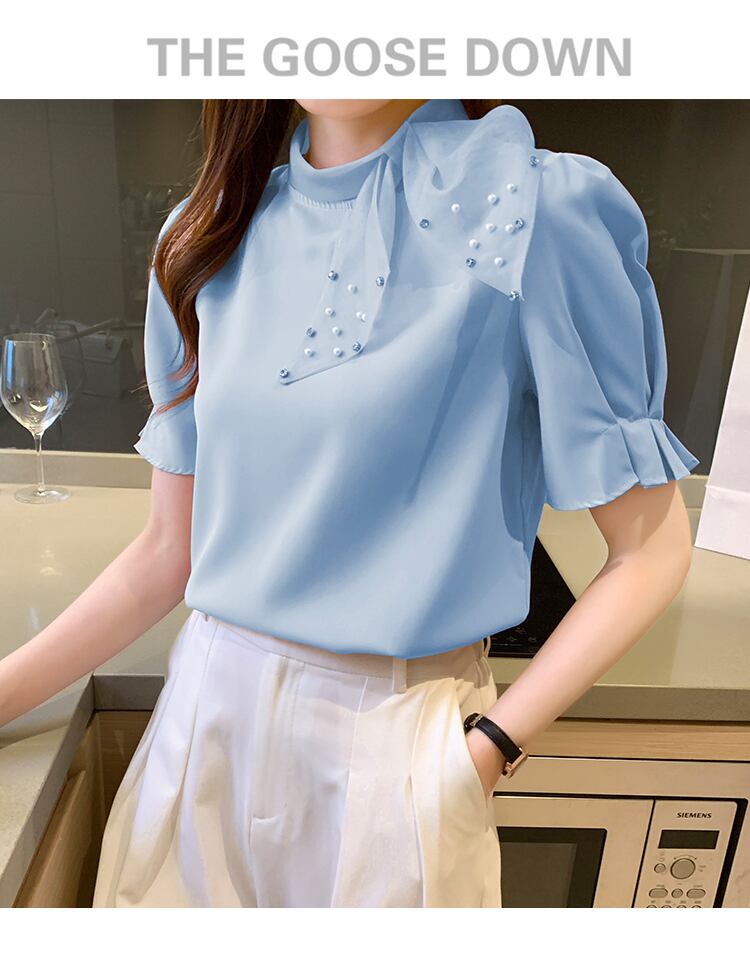 【tops】美人度アップ!スウィートリボンルーズシフォンパフスリーブフランス風シャツ G6683