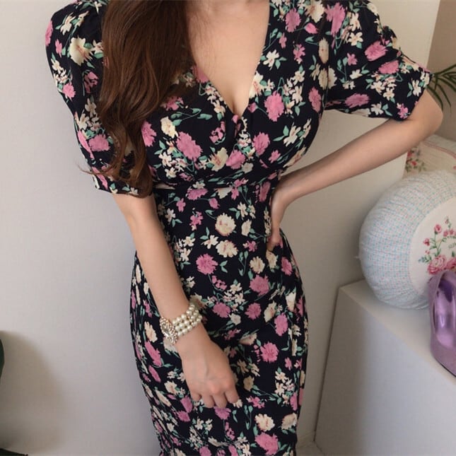 【dress】花柄スリットワンピース　M24720