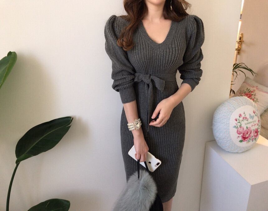 【dress】Vネックスリットタイトニットワンピース G16693