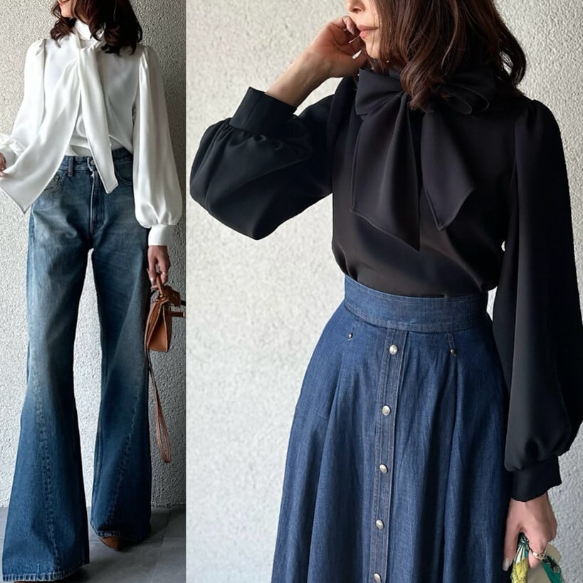 【tops】リボン付きシャツトップス　M28012