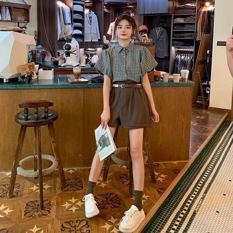 【set】チェック柄ブラウス+ショートパンツ２点セットG21352