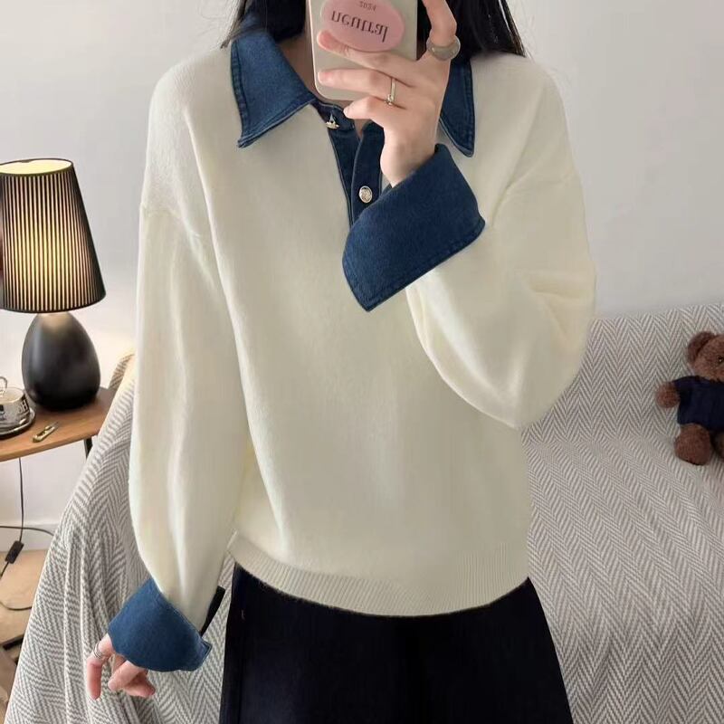 【tops】デニムドッキングニットトップス Q7216