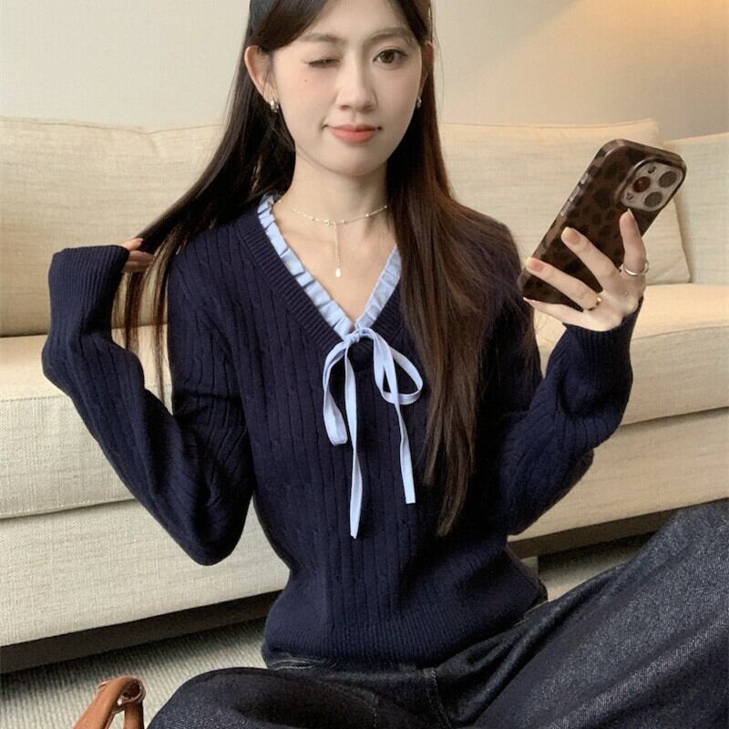 【tops】Vネックリボン付きニットトップス　M27739
