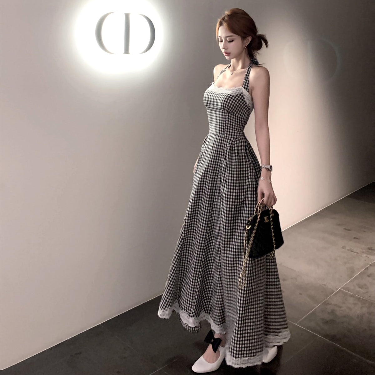 【dress】バックリボンレース切り替えチェック柄ワンピース　N2683