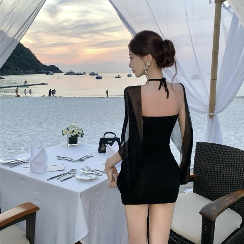 【dress】チュールドッキングホルターネックタイトワンピース Q8185